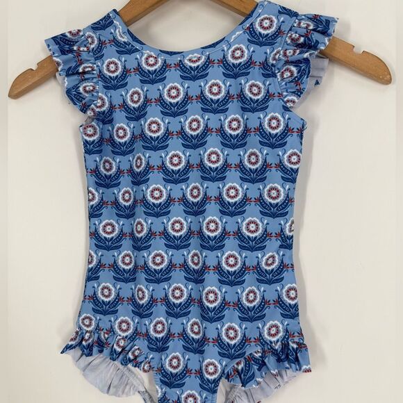 Grace & James Kids Frances One Piece Ruffle Trim Swimsuit in Blue | Size 6 - Picture 9 of 9
